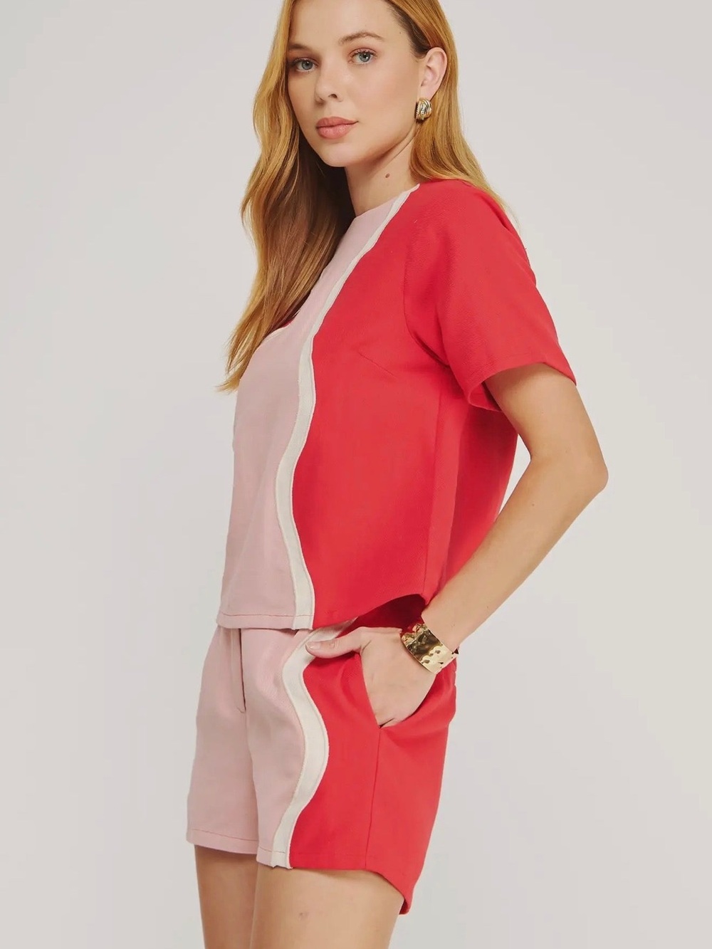 Red and Pink Wavy-Panel Top and Short Set